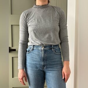 LOFT Heather Gray Long Sleeve Top with Frilled Collar